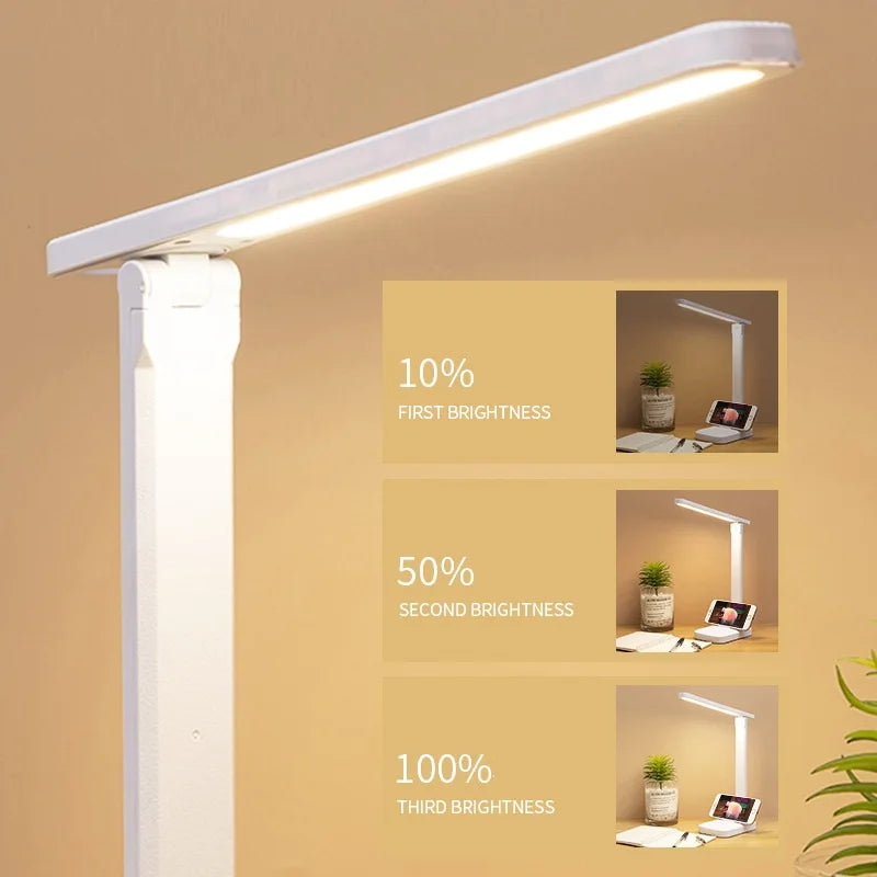 Desk lamp in warm white mode on a work desk