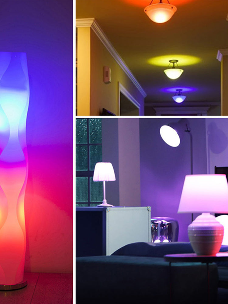 Colour-changing smart bulb glowing in different colours