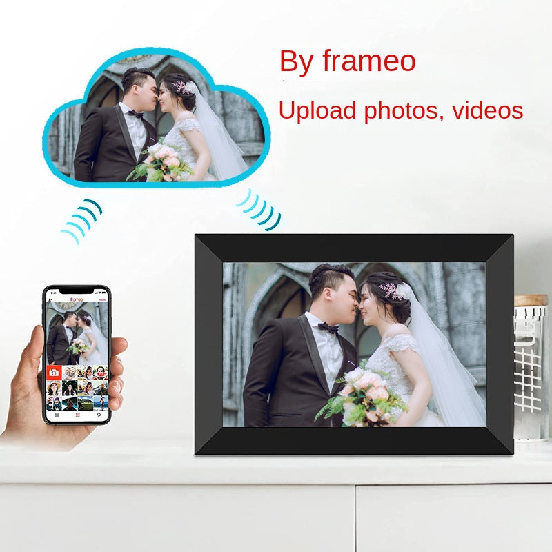 Digital photo frame on a living room sideboard