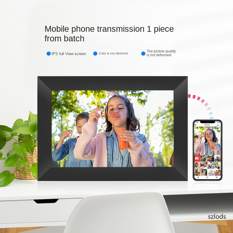WiFi digital photo frame displaying a family photo