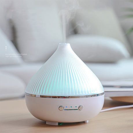 Wood grain aroma diffuser and humidifier on a desk