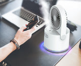 Misting fan releasing a cooling spray