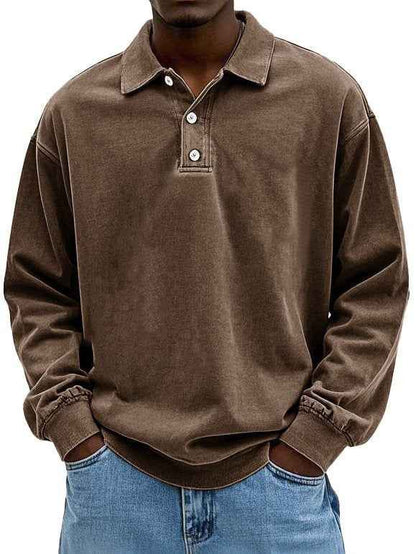 Men’s Washed Long-Sleeve Shirt – Vintage Aged Cotton Tee Style with Casual Rugby Design