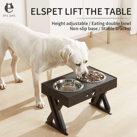 Raised pet bowl in use with a dog