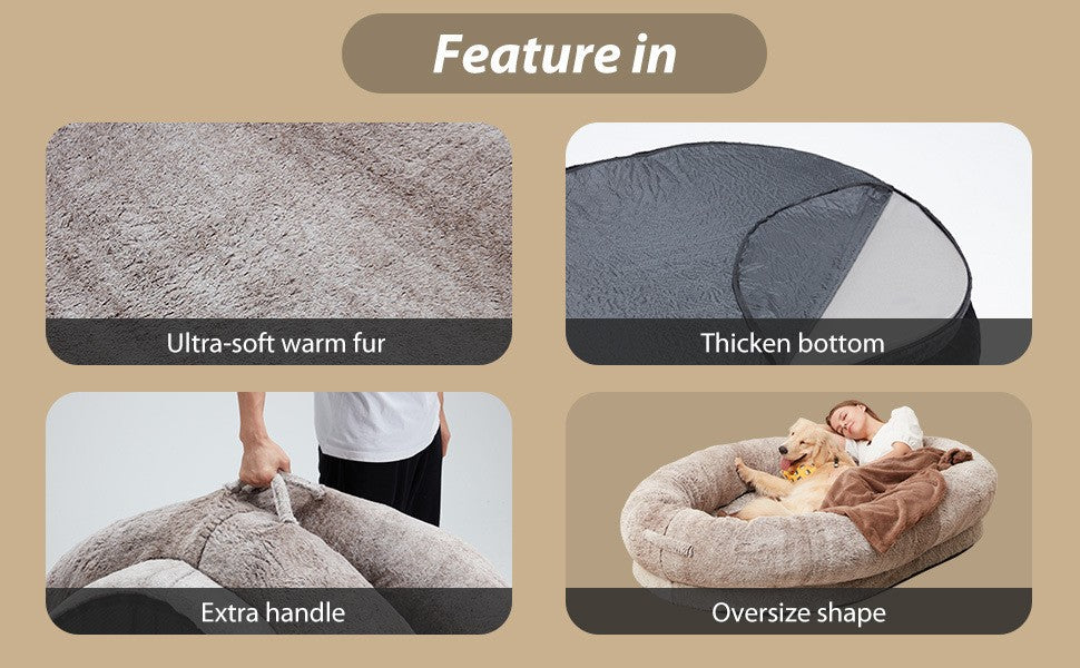 Person and dog relaxing on the oversized bed