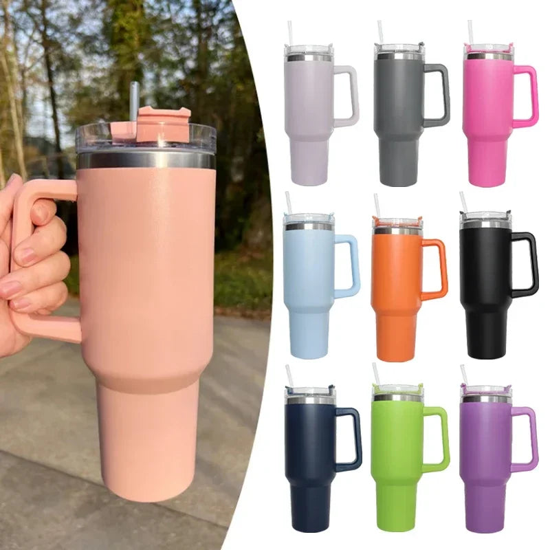 Insulated 40oz travel tumbler with handle, lid and straw