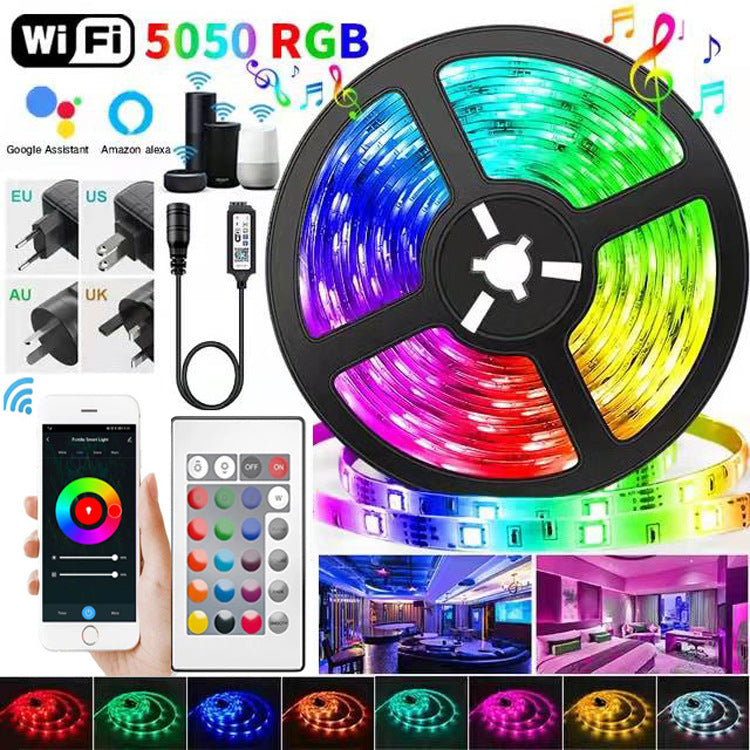 Smart WiFi RGB LED strip lights behind a TV