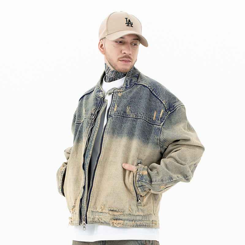 Men’s Retro Distressed Zipper Denim Coat – Heavy Washed Casual Jacket for Autumn Winter Streetwear