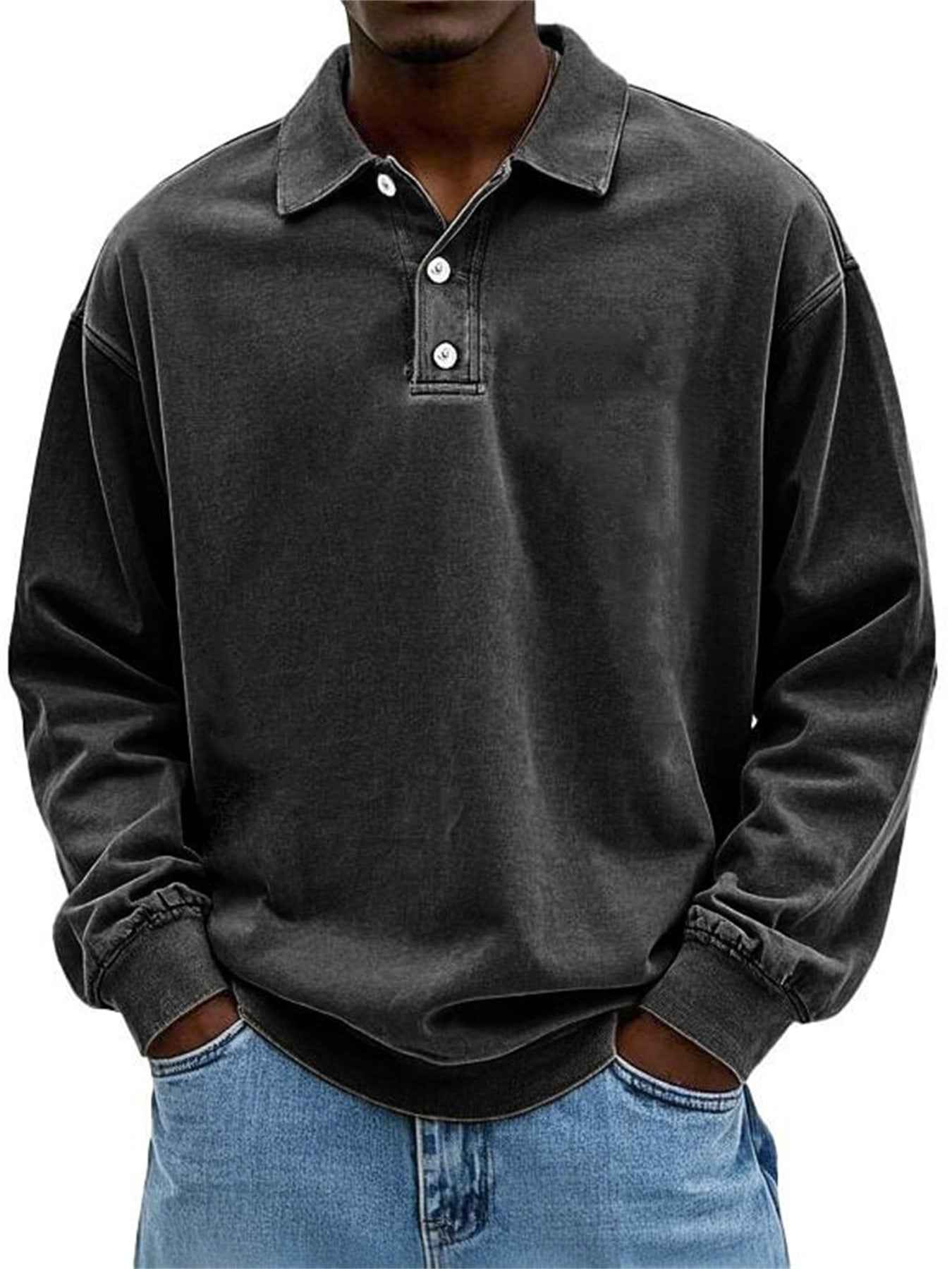 Men’s Washed Long-Sleeve Shirt – Vintage Aged Cotton Tee Style with Casual Rugby Design