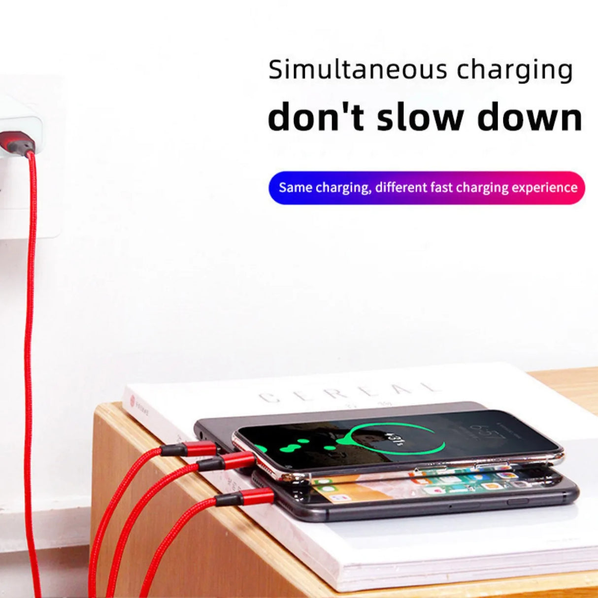 Charging cable with USB-C, Lightning and Micro-USB tips