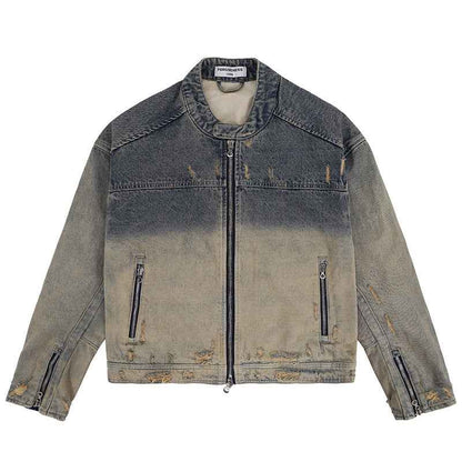 Men’s Retro Distressed Zipper Denim Coat – Heavy Washed Casual Jacket for Autumn Winter Streetwear