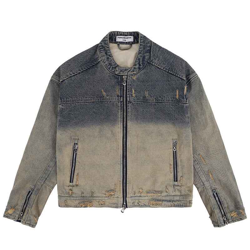 Men’s Retro Distressed Zipper Denim Coat – Heavy Washed Casual Jacket for Autumn Winter Streetwear