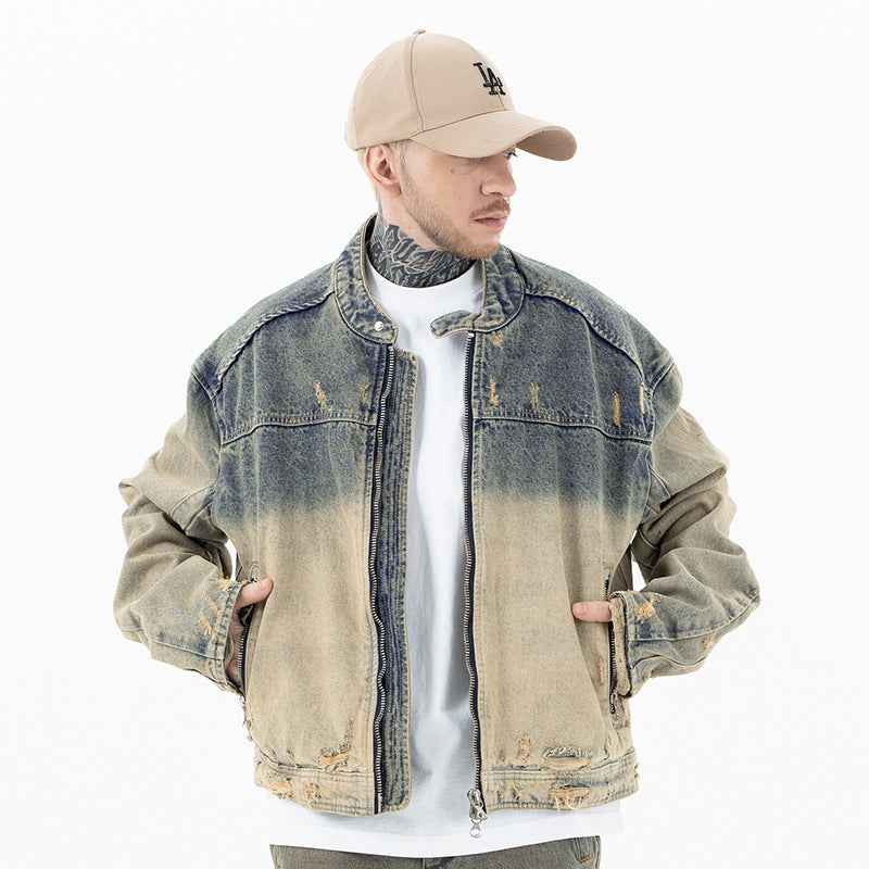 Men’s Retro Distressed Zipper Denim Coat – Heavy Washed Casual Jacket for Autumn Winter Streetwear