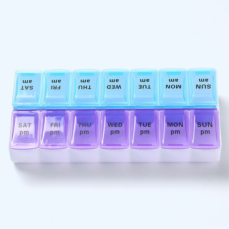 Weekly pill organiser in blue and purple