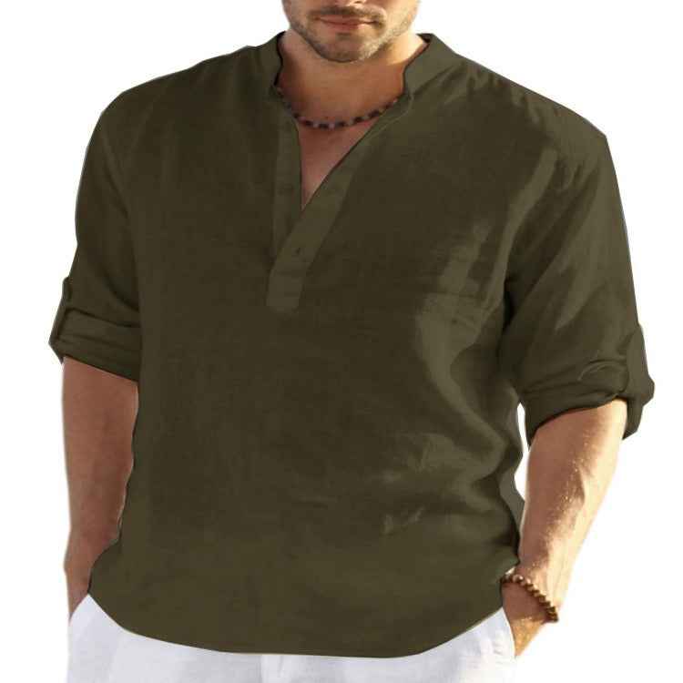 Men’s Cotton-Linen Long Sleeve Shirt – Loose Fit Solid Color Lightweight Sweatshirt Style
