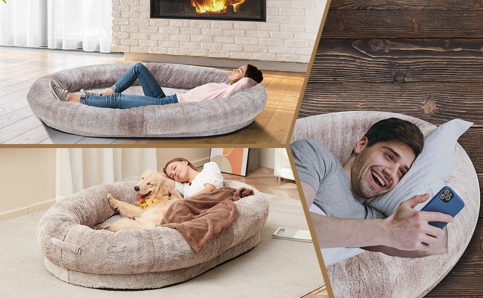 Human-sized dog bed in khaki