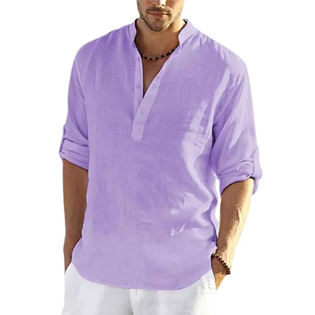 Men’s Cotton-Linen Long Sleeve Shirt – Loose Fit Solid Color Lightweight Sweatshirt Style