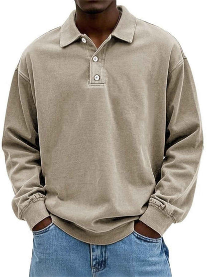 Men’s Washed Long-Sleeve Shirt – Vintage Aged Cotton Tee Style with Casual Rugby Design