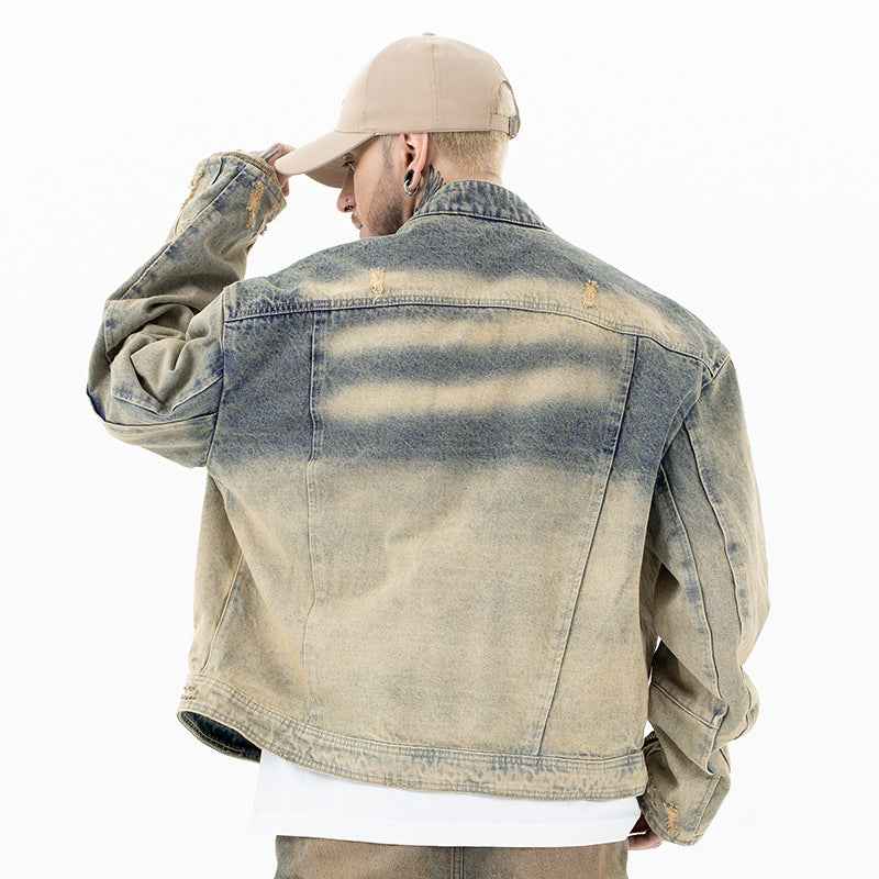 Men’s Retro Distressed Zipper Denim Coat – Heavy Washed Casual Jacket for Autumn Winter Streetwear