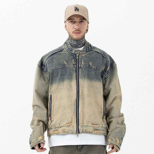 Men’s Retro Distressed Zipper Denim Coat – Heavy Washed Casual Jacket for Autumn Winter Streetwear