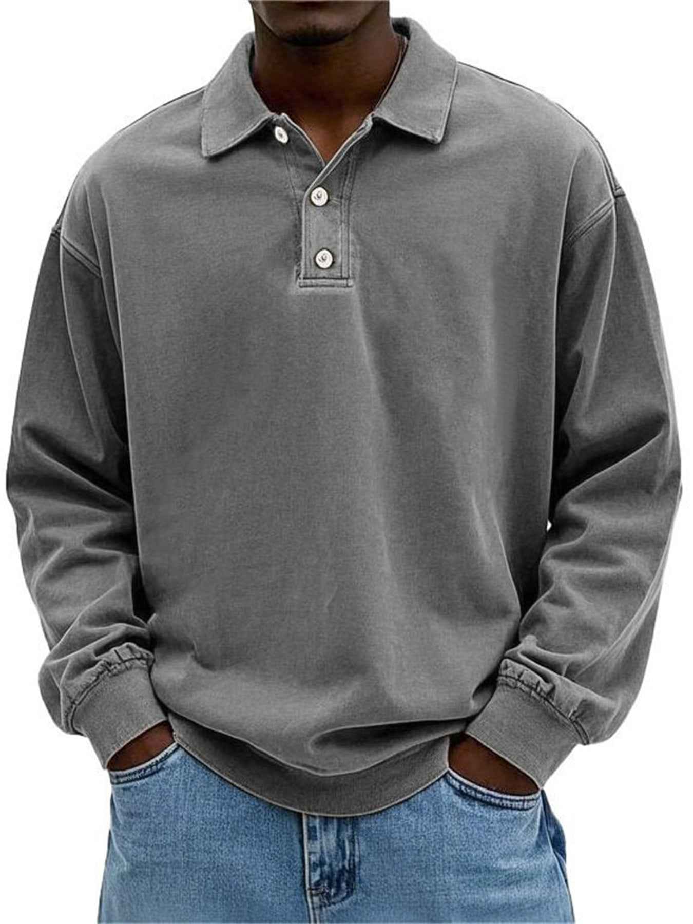 Men’s Washed Long-Sleeve Shirt – Vintage Aged Cotton Tee Style with Casual Rugby Design