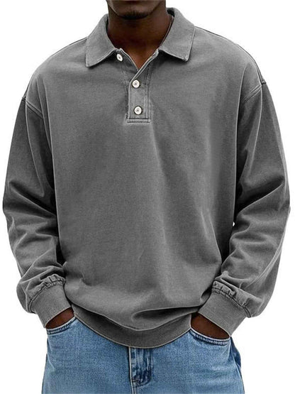 Men’s Washed Long-Sleeve Shirt – Vintage Aged Cotton Tee Style with Casual Rugby Design